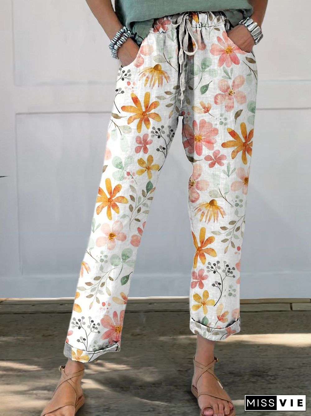 Fresh Floret Print Women's Printed Cotton And Linen Casual Pants