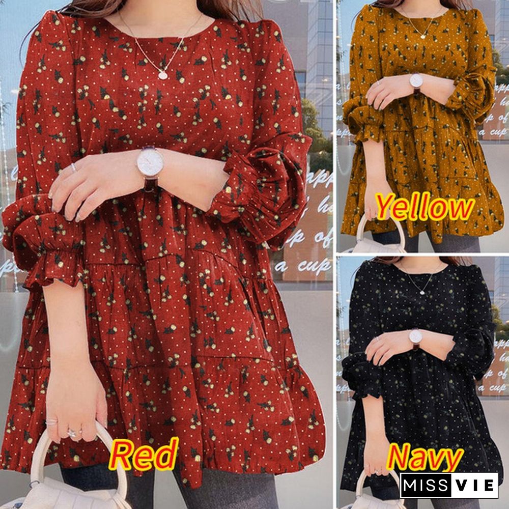 Plus Size Women Spring Casual Daily Long Puff Sleeve O-Neck Cotton Floral Printing Loose Shirt Blouse