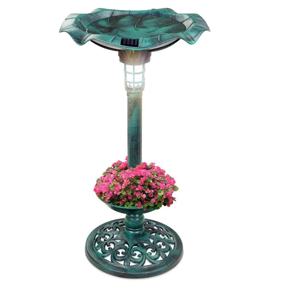 Best Choice Products Green Solar Lighted Pedestal Birdbath w/Planter， Integrated Panel SKY5809