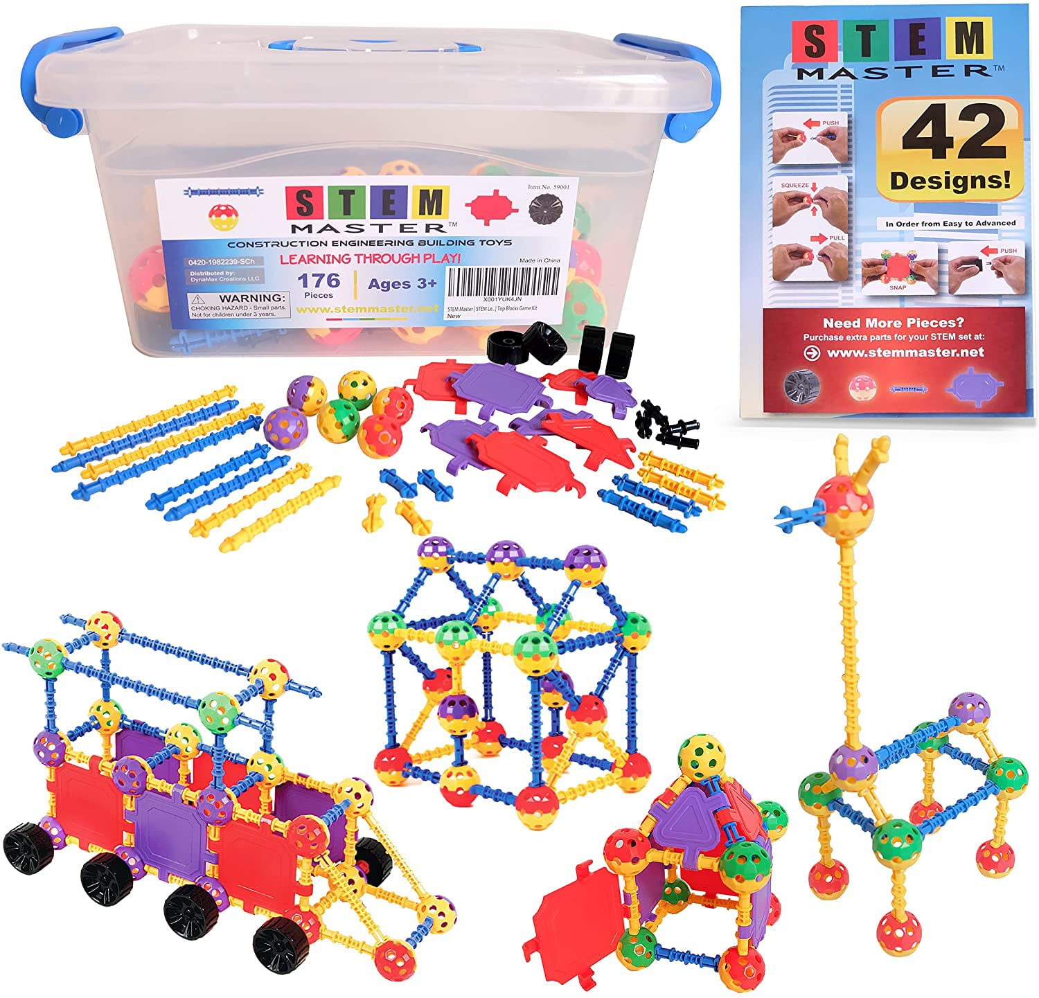 Lavinya STEM Master Building Toys for Kids Ages 4-8 - STEM Toys Kit w/176 Durable Pieces， Design Guide， Reusable Toy Storage Box Educational for Girls and Boys