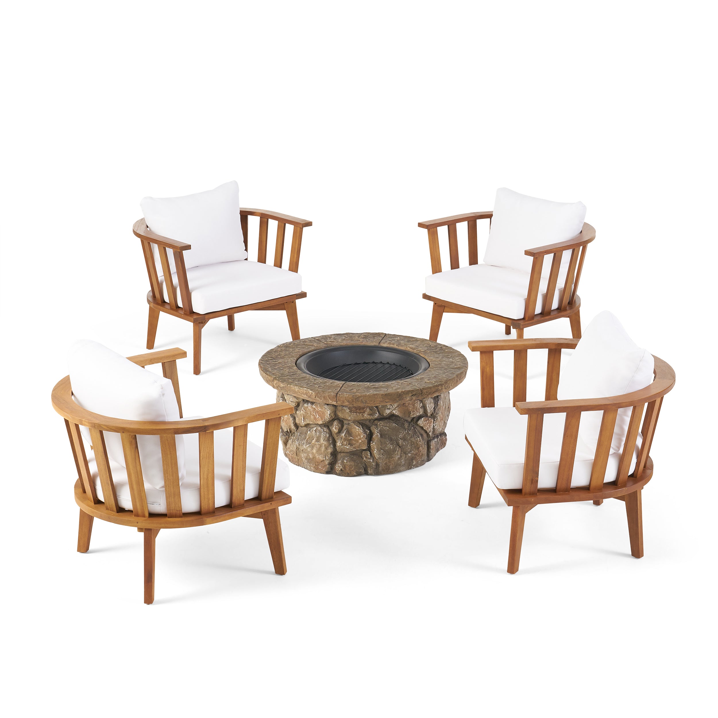 Khalel Outdoor Acacia Wood 4 Seater Club Chairs and Fire Pit Set