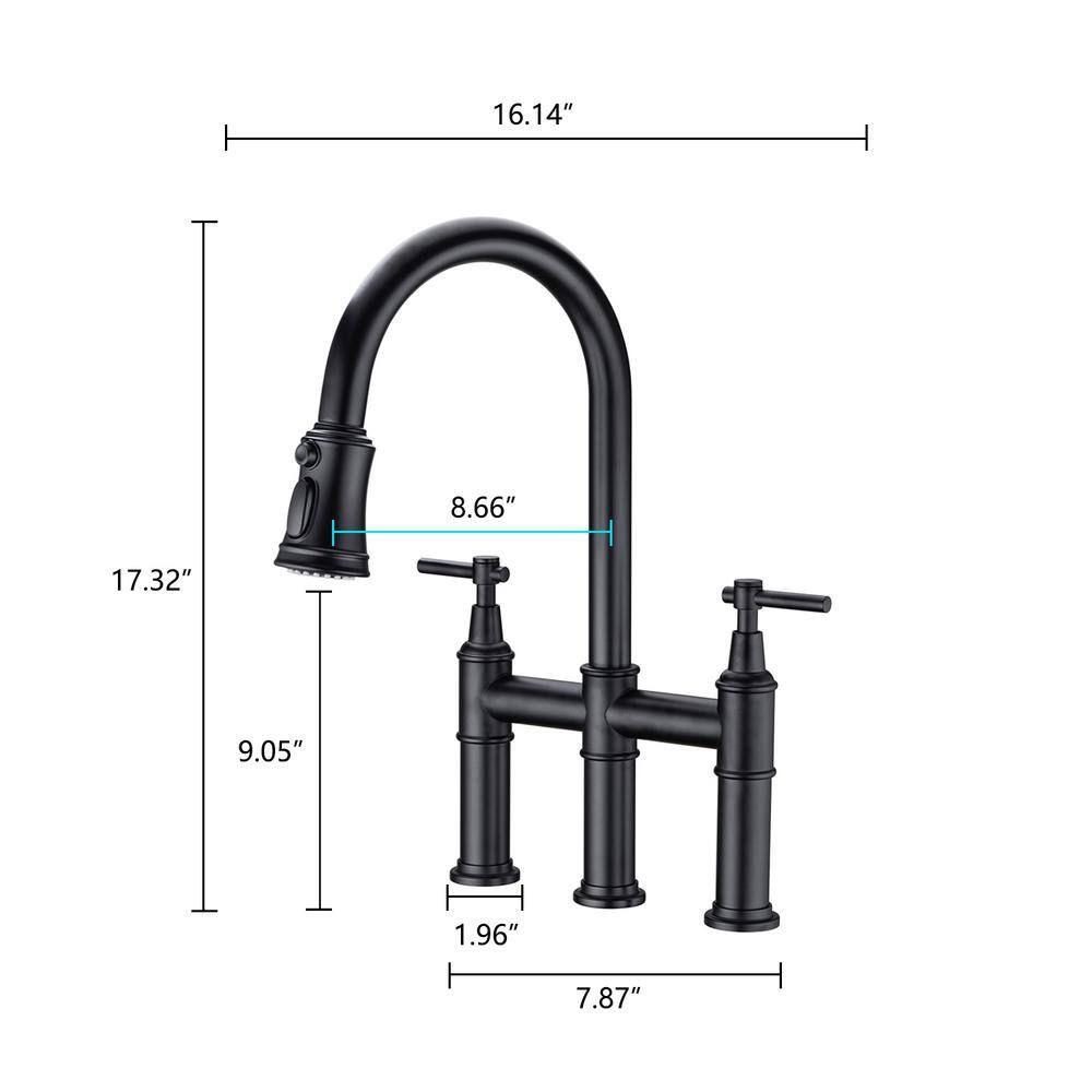 YASINU Double Handle Bridge Kitchen Faucet with Pull-Down Sprayhead in Matte Black YNBA707-MB