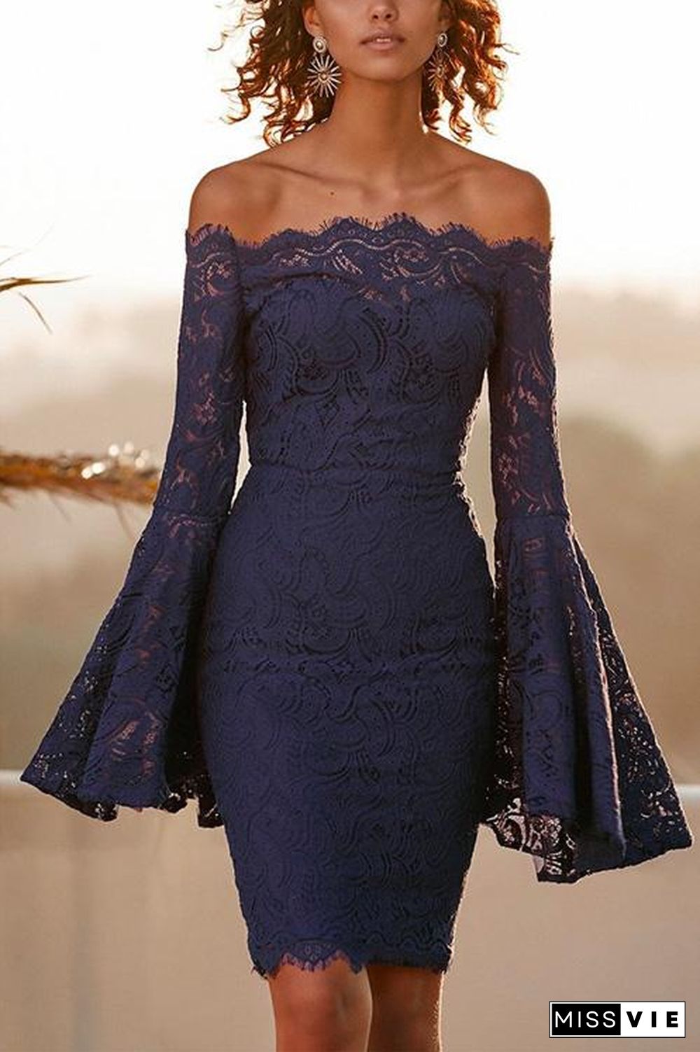 Off Shoulder Bell Sleeves Lace Bodycon Dress