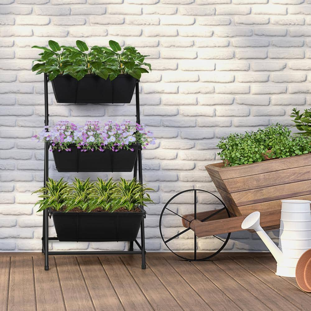 Oumilen 3-Tier Vertical Planter Elevated Herb Planter with Drainage Holes Removable Tray for Patio Balcony Porch Plastic Black HD-481-WELA