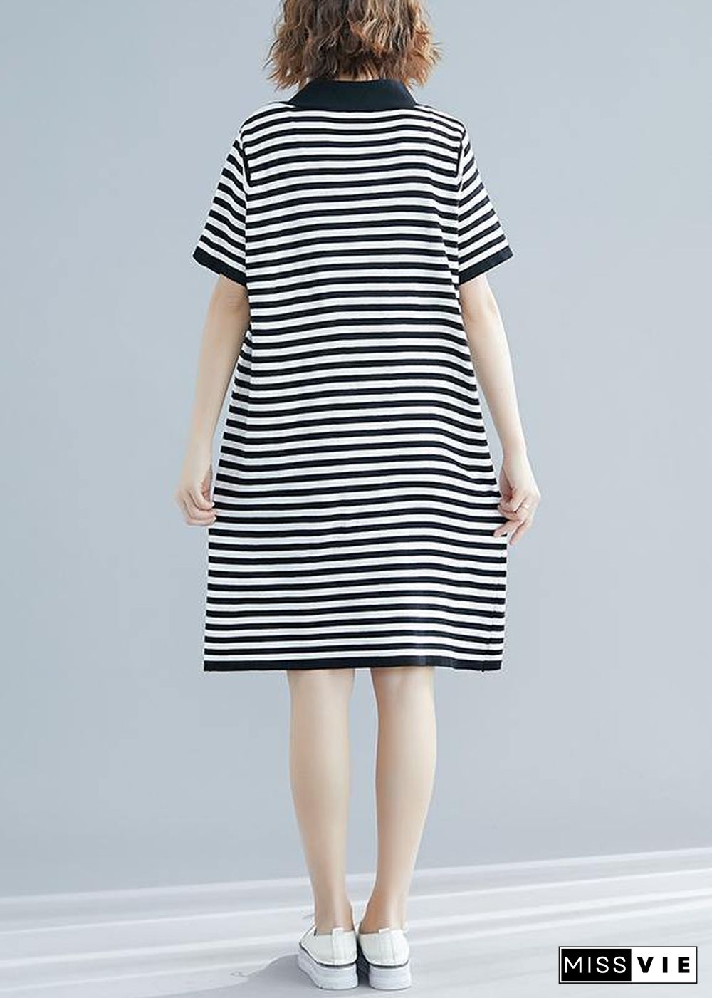 Beautiful Black White Narrow Striped Short Sleeve Summer Cotton Dress