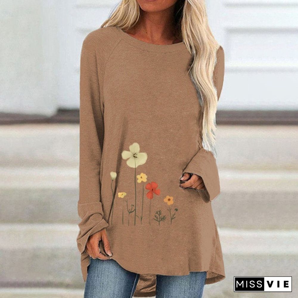 Spring and Autumn Plus Size Fashion Women Clothing Flowers Printed Casual T-shirt Ladies Long Sleeve Round Neck Pullover Tops