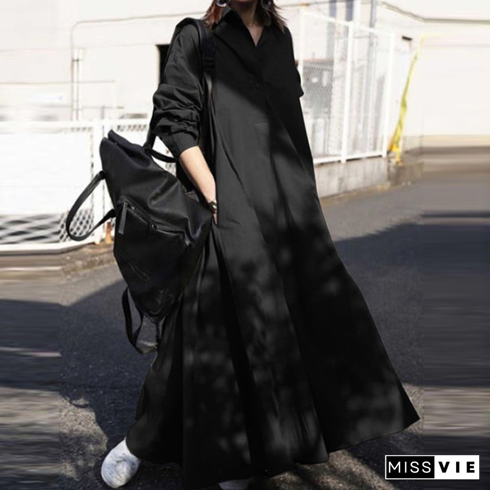 Women Turn-down Collar Long Sleeve Shirt Dress Loose Plain Maxi Blouse Dresses