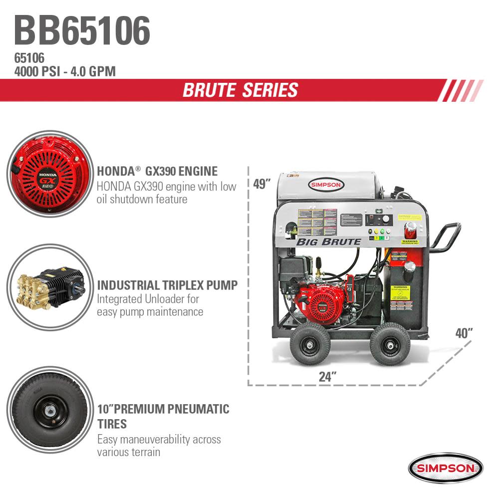 Big Brute 4000 PSI at 4.0 GPM HONDA GX390 with COMET Triplex Plunger Pump Hot Water Professional Gas Pressure Washer (49-State) ;