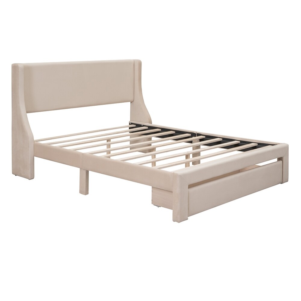 Queen Velvet Upholstered Storage Platform Bed with Big Drawer  Beige