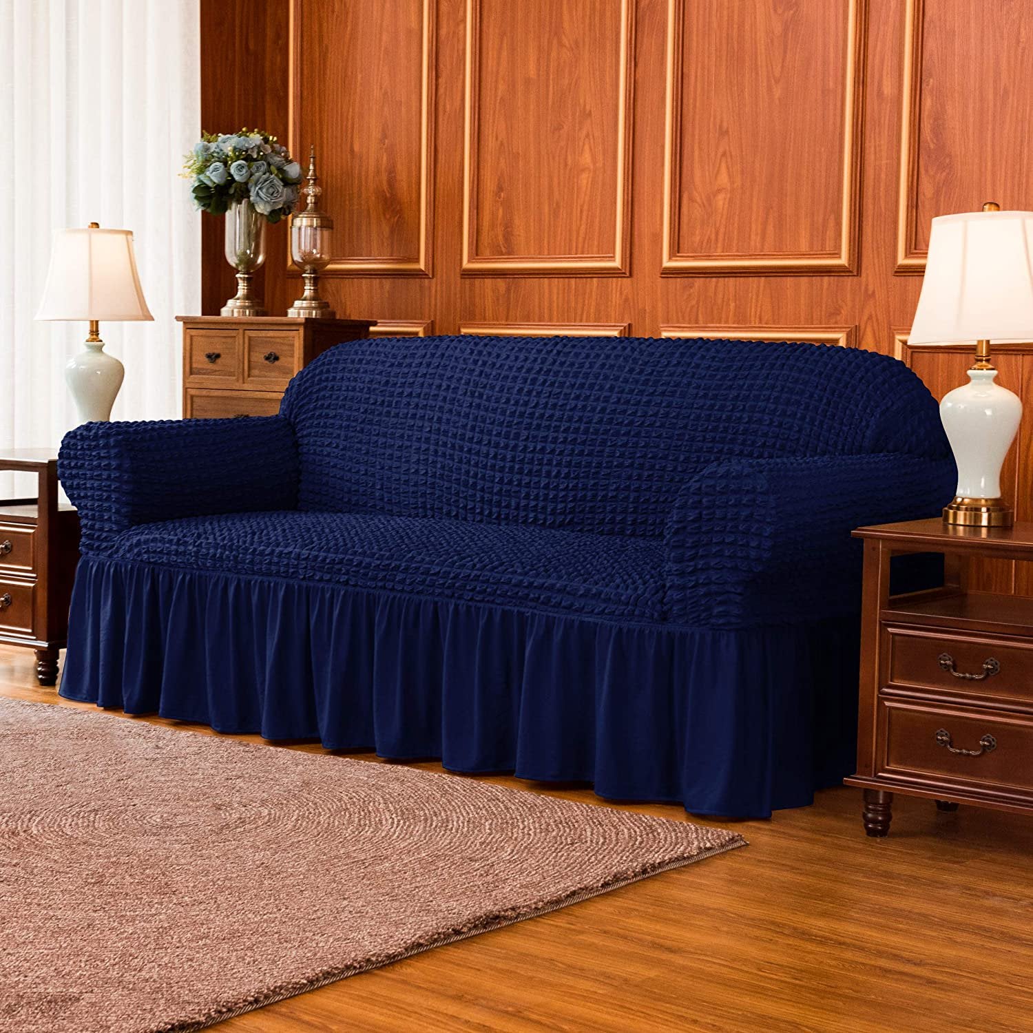 Subrtex 1-Piece Seersucker Sofa Slipcover Skirt Stretch Couch Cover (Loveseat, Navy Blue)