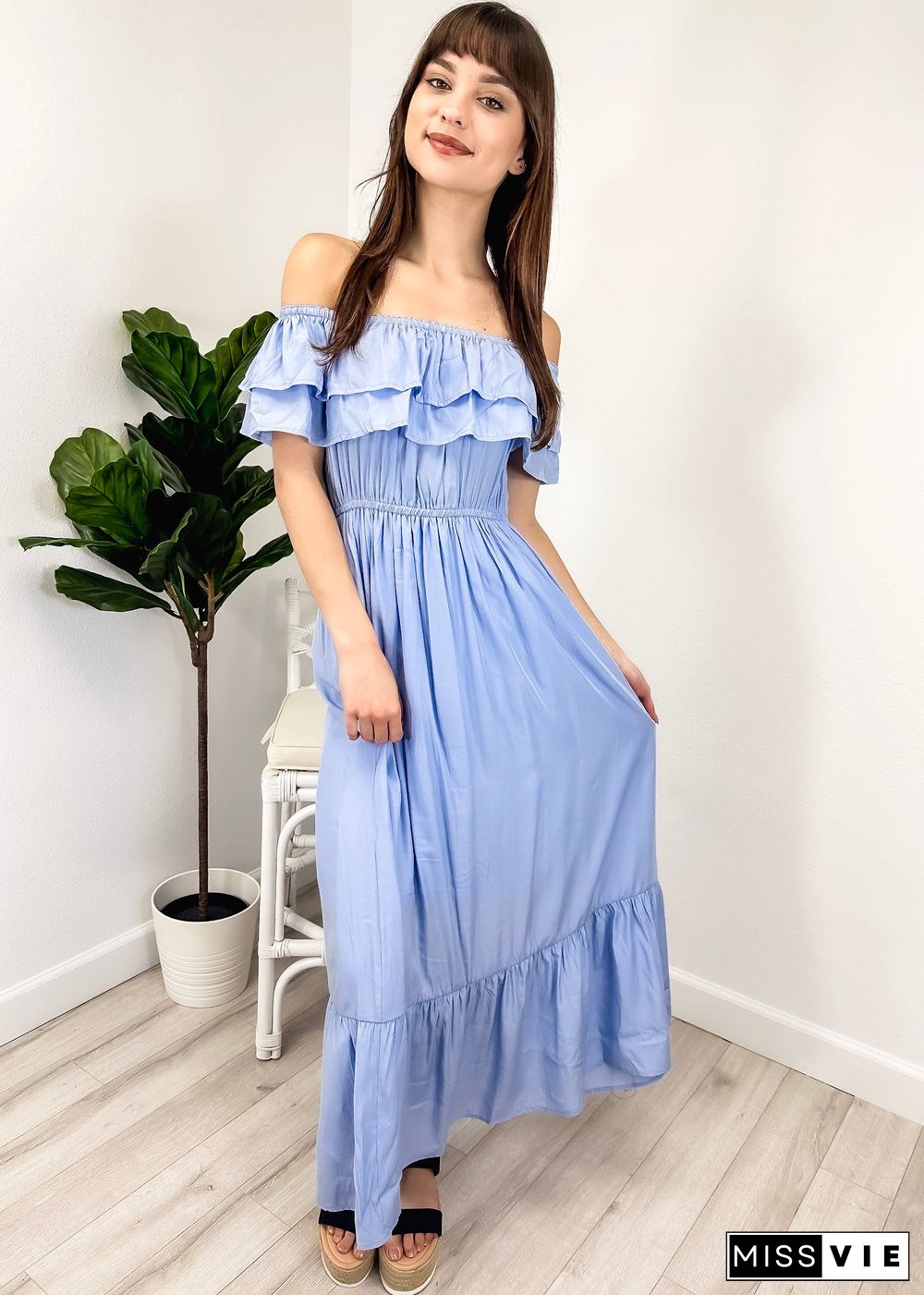 Grecian Ruffle Stretch Maxi Long Dress