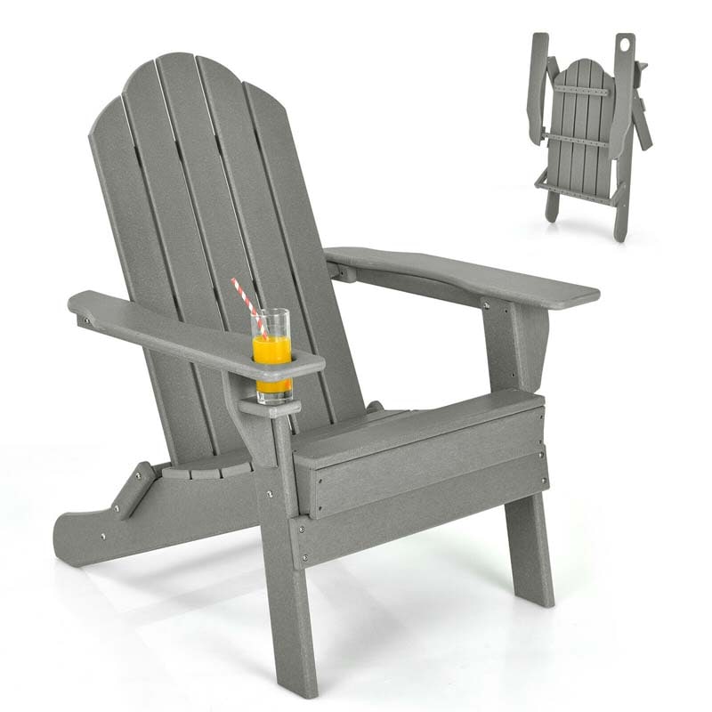 2-Pack Folding Adirondack Chairs with Built-in Cup Holder, PE Weather Resistant Outdoor Patio Folding Chairs