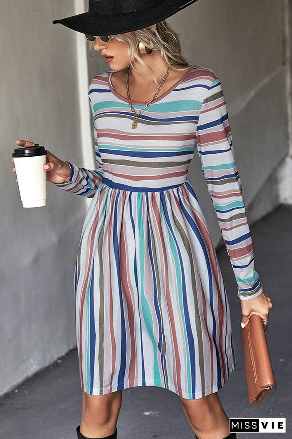 Color Block Stripes Long Sleeves Dress