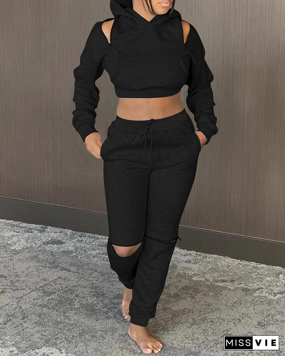 Cutout Crop Hooded Top & Drawstring Pants Set P11176