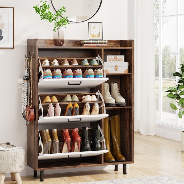 Shoe Storage Cabinet with 3 Flip Drawers and 5 Tiers shelves， Freestanding Wooden Tipping Bucket Shoes Organizer Cabinets - - 35444566