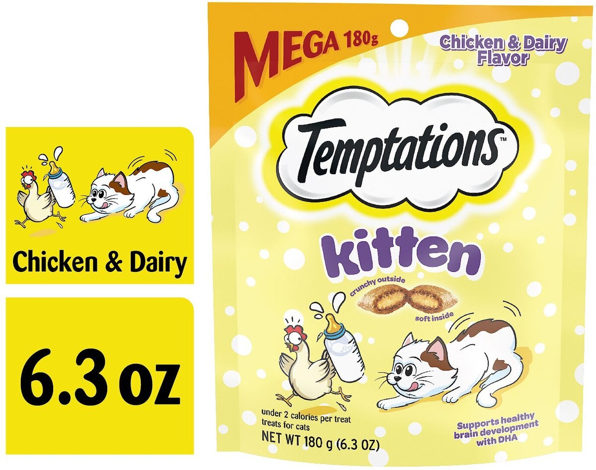 Temptations Chicken and Dairy Flavor Crunchy and Soft Kitten Treats， 3-oz bag