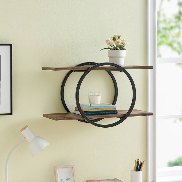 2 tier Antigua Crossed Double Circle Wall Shelf Unit Black rustic Danya B