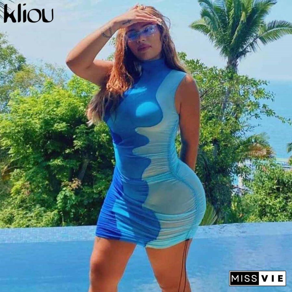 Kliou Midnight Partywear Women Sexy See Through Contrast Patchwork Mini Dress Chic Bodycon Sleeveless Undefined Streetwear