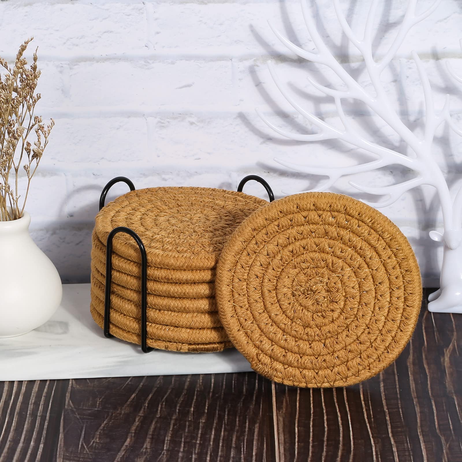 8 Pcs Drink Coasters with Holder， Smasener Absorbent Coasters for Drinks， Minimalist Cotton Woven Coaster Set for Home Decor Tabletop Protection Suitable for Kinds of Cups， 4.3 Inches