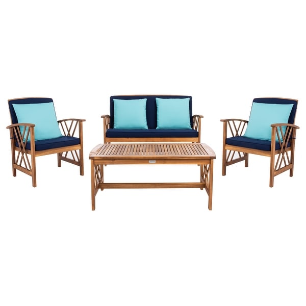 SAFAVIEH Outdoor Living Fontana Acacia/Navy Cushion 4piece Patio Set