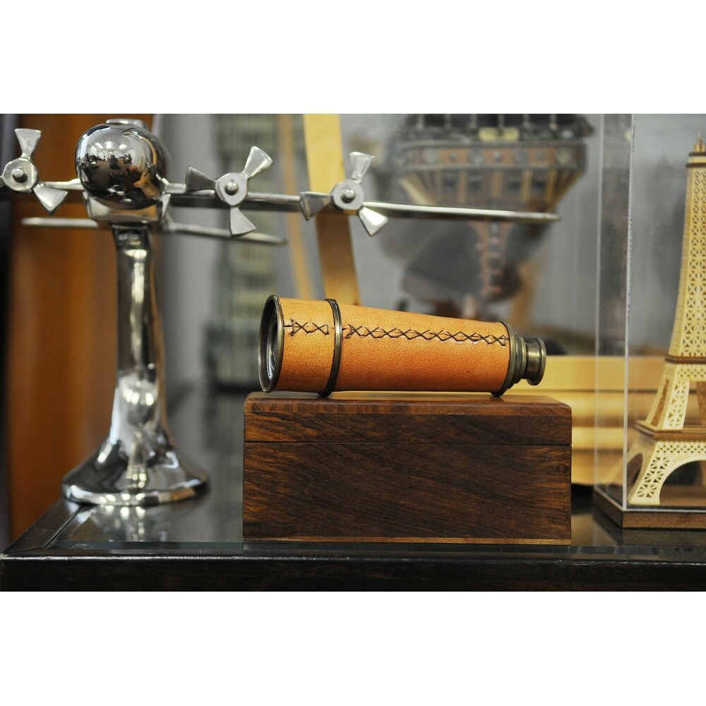 Natural Leather and Brass Handheld Telescope in Wood Box   16x2.25x2.25\