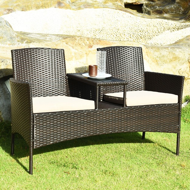 Costway Patented Patio Rattan Conversation Set Loveseat Sofa Cushioned Coffee Table Mix Brown