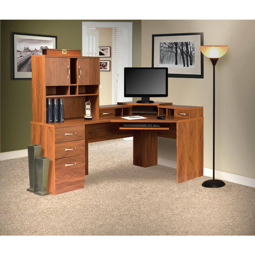 OS Home and Office Furniture Brown Reversible Corner Work Center and Hutch with Monitor Platform 22117K