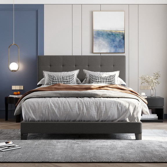 Upholstered Platform Bed with Tufted Headboard  Bo...