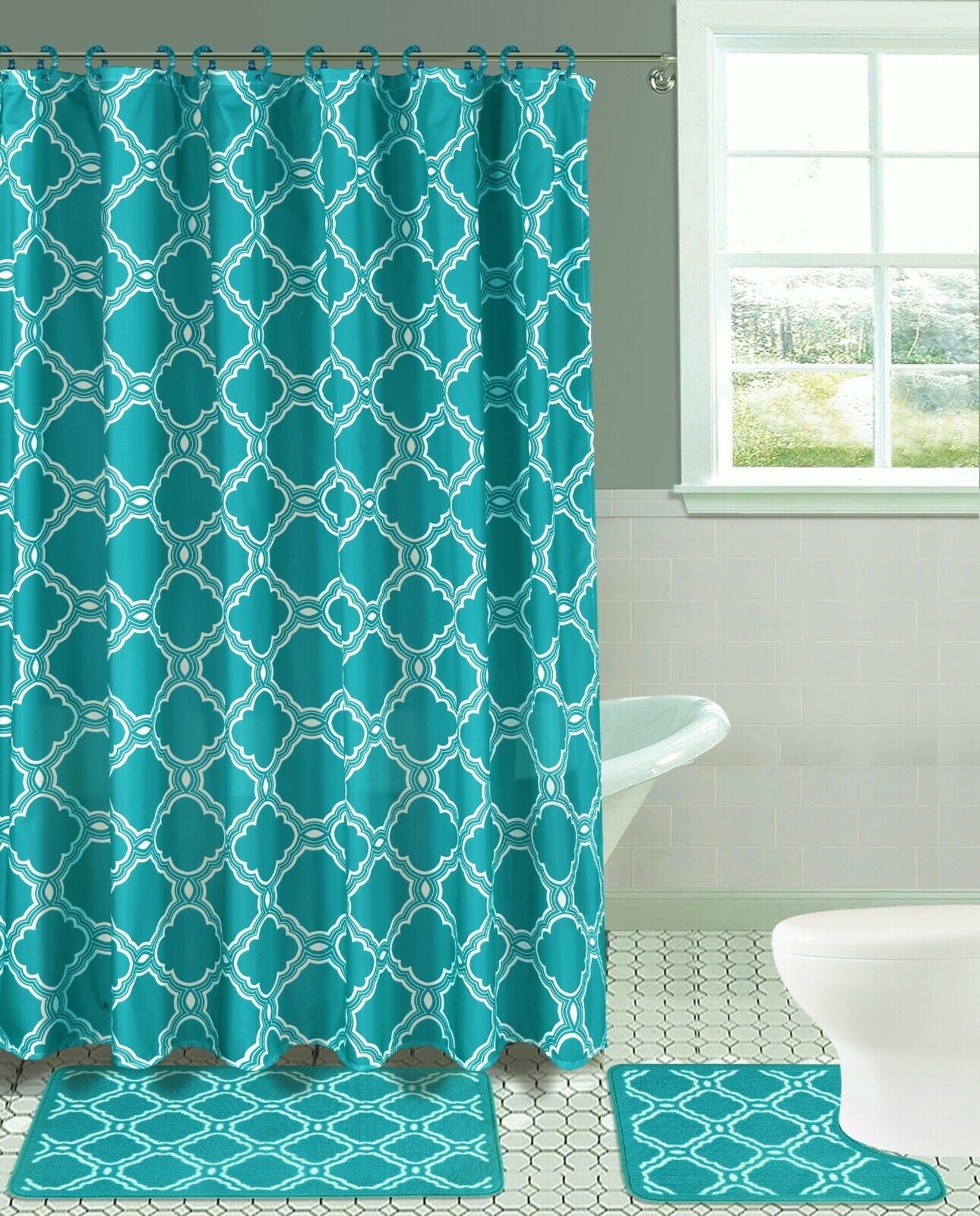 HONEY TEAL 15-piece Hotel Bathroom Sets - 2 Non-Slip Bath Mats Rugs Fabric Shower Curtain 12-Hooks