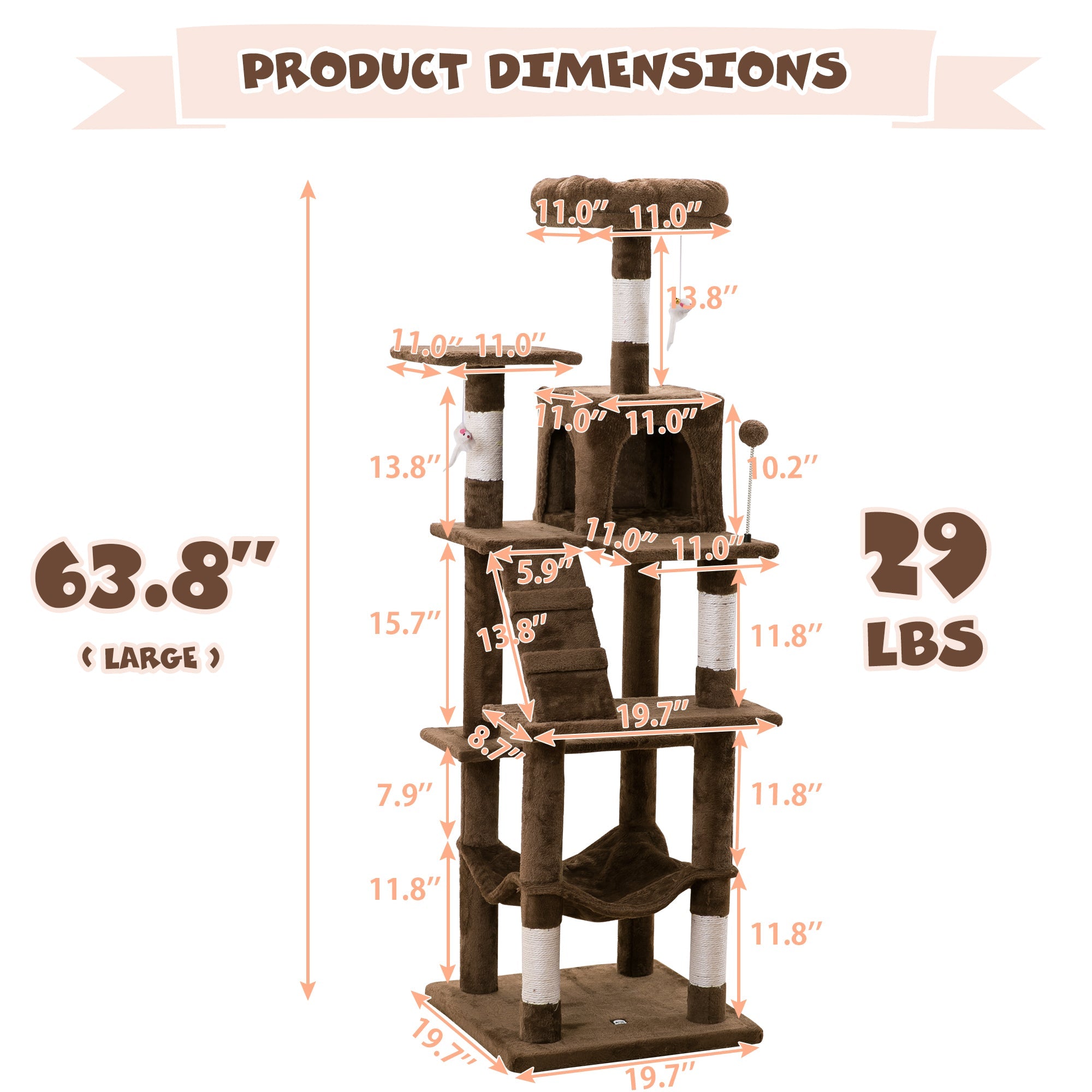 MWPO 63.8-in Multi-Level Cat Tree with Condo and Scratching Post Tower,Brown