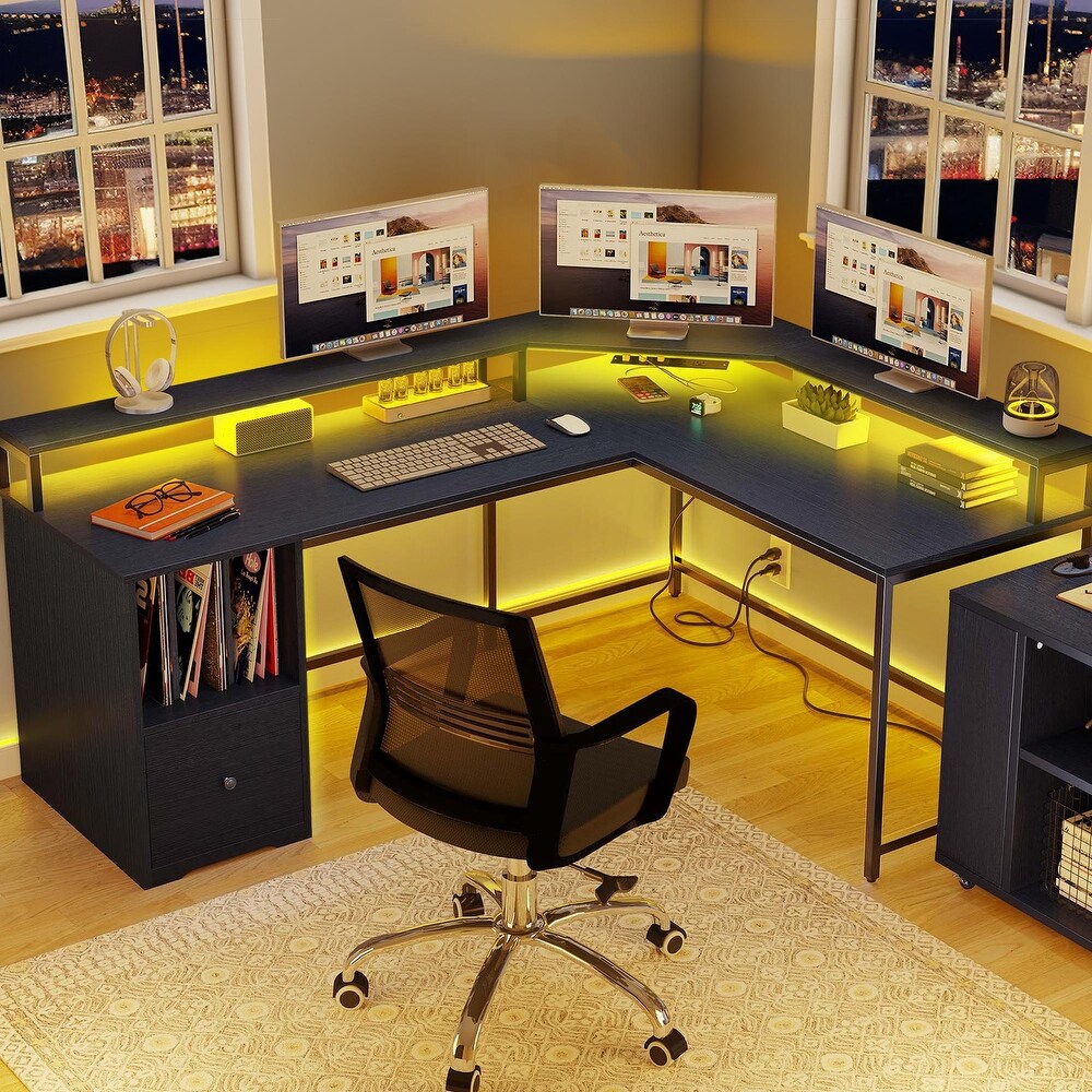 66 inch L Shaped Desk with Shelves and Monitor Stand Home Office Desk