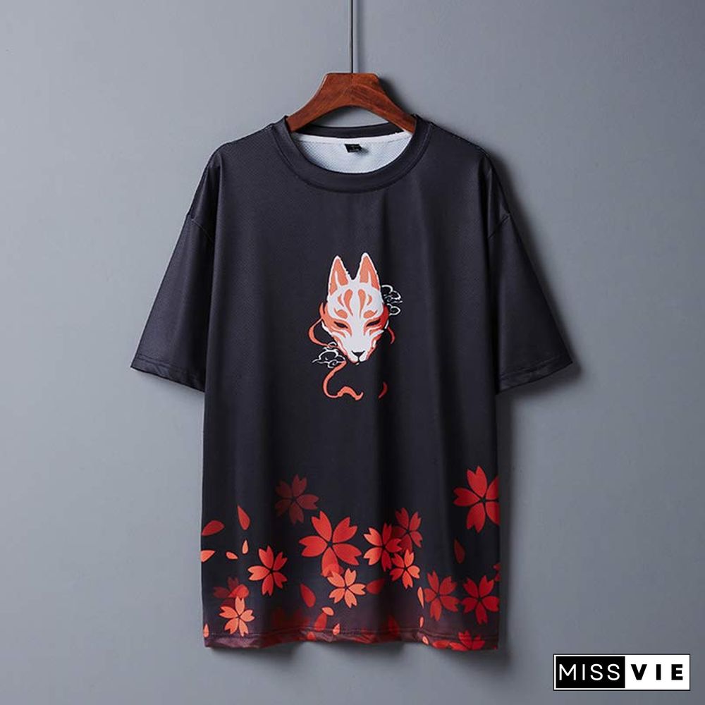 Vintage Sakura Fox Crane Print Casual T-Shirt