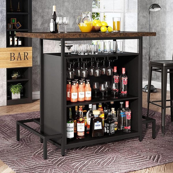 3-Tier Liquor Bar Table with Glasses Holder， Wine Storage， Footrest