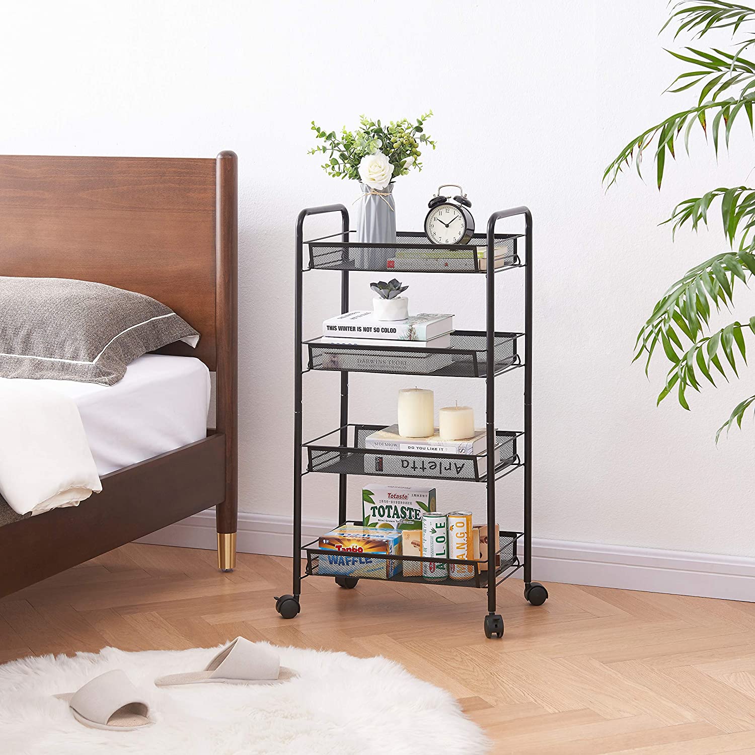 4-Tier Wire Rolling Cart， Space-Saving Removable Storage Cart， Mesh Metal Organization Cart on Wheels， Kitchen Storage Organizer， Standing Shelf Rack Units for Kitchen， Home， Office， Bedroom， K1276