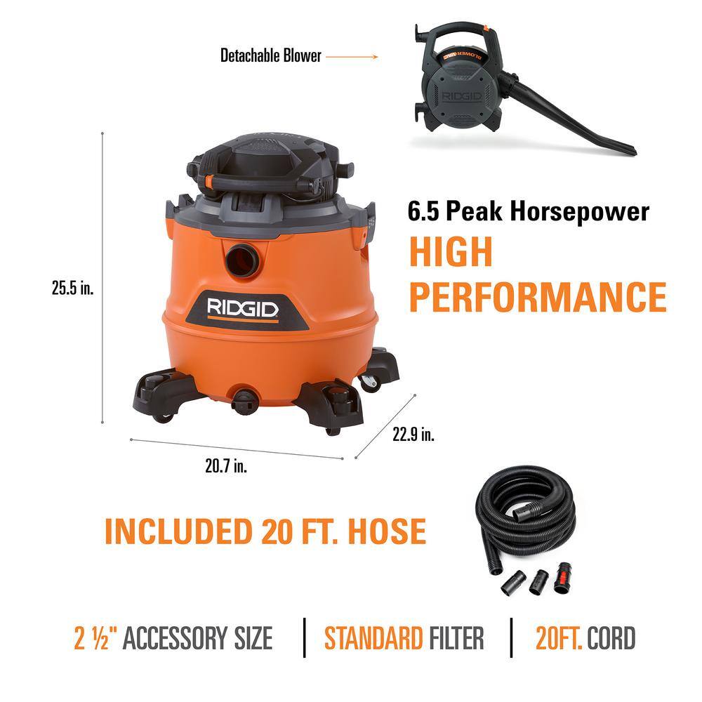 RIDGID 16 Gallon 6.5 Peak HP NXT WetDry Shop Vacuum with Detachable Blower Filter 7 ft Hose 20 ft Hose and Accessories HD1600D