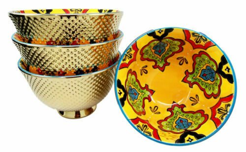 1 Set of 4 Luxury Gold Plated Ceramic Personal Dining Bowls 6D Orange Pea Floral EBR02