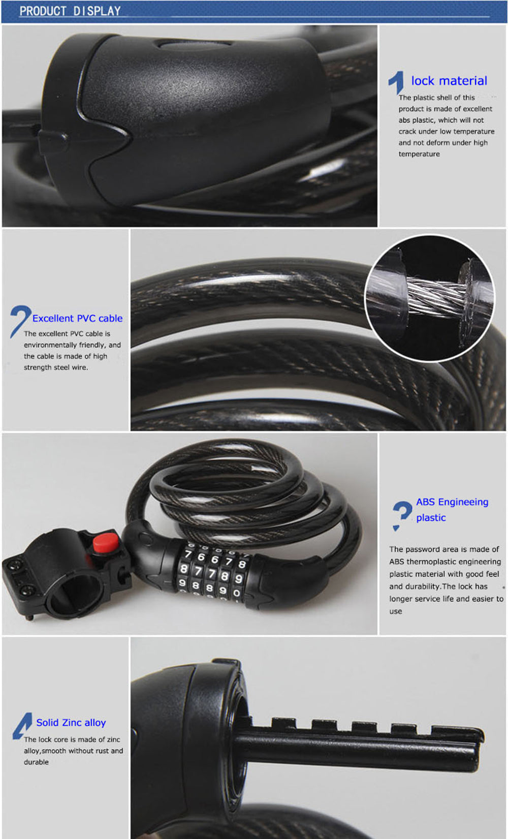 5-Digit Combination Password Bicycle Security Cable Chain Lock Resettable Black