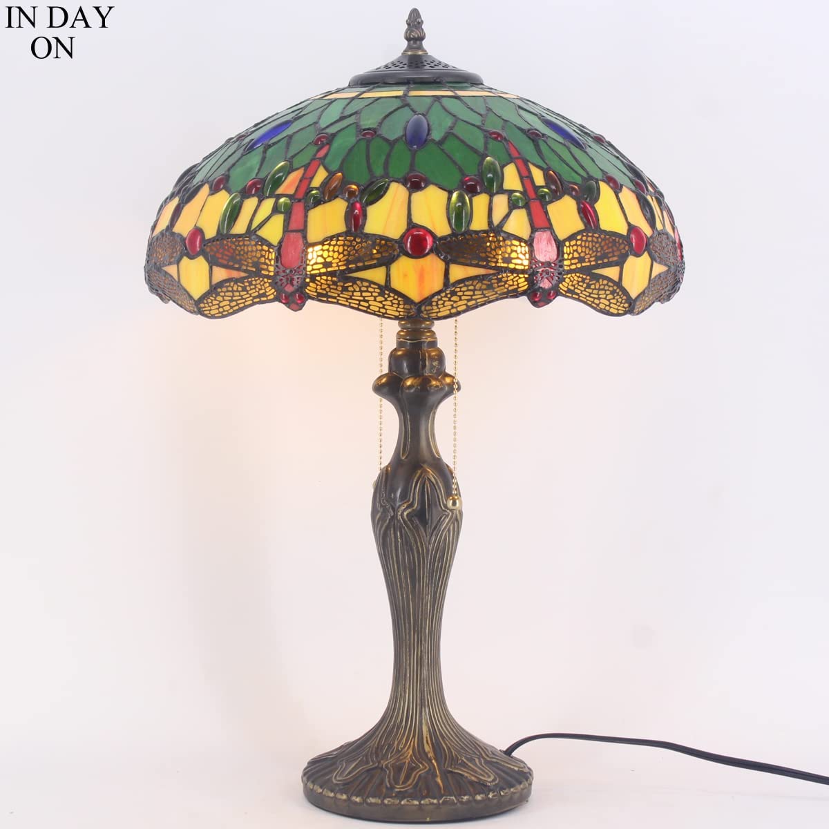 Tiffany Lamp Stained Glass Bedside Table Lamp Green Yellow Dragonfly 16X16X24 Inches Desk Reading Light Metal Base Decor Bedroom Living Room Home Office S009G Series