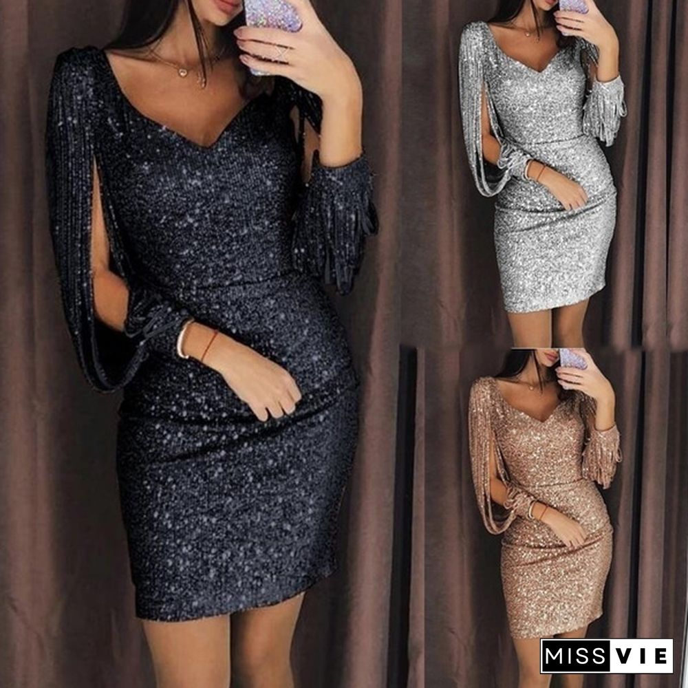 3 Color Xs-8Xl Super Sexy Ladies Vogue Tassels Detail Slit Sleeve Sequin Party Dress Female Nightclub Midi Dresses