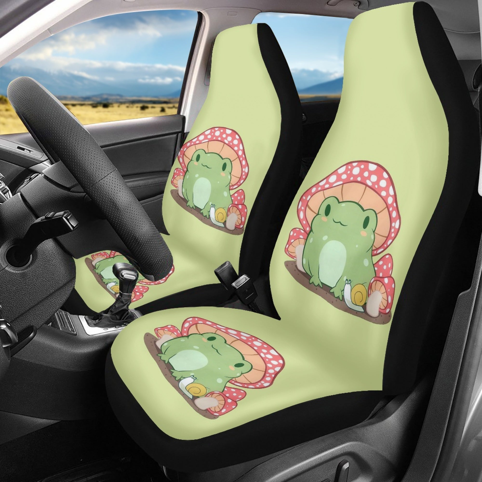 Diaonm Car Seat Cover Front Saddle Blanket Comfort Covers Yellow Mushroom Frog Print for Women Decorative Pack of 2