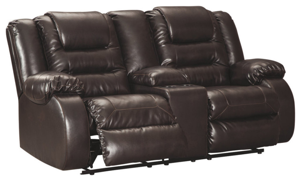 Benzara BM194828 Leatherette Metal Reclining Loveseat Lift Top Console  Brown   Contemporary   Loveseats   by Benzara  Woodland Imprts  The Urban Port  Houzz