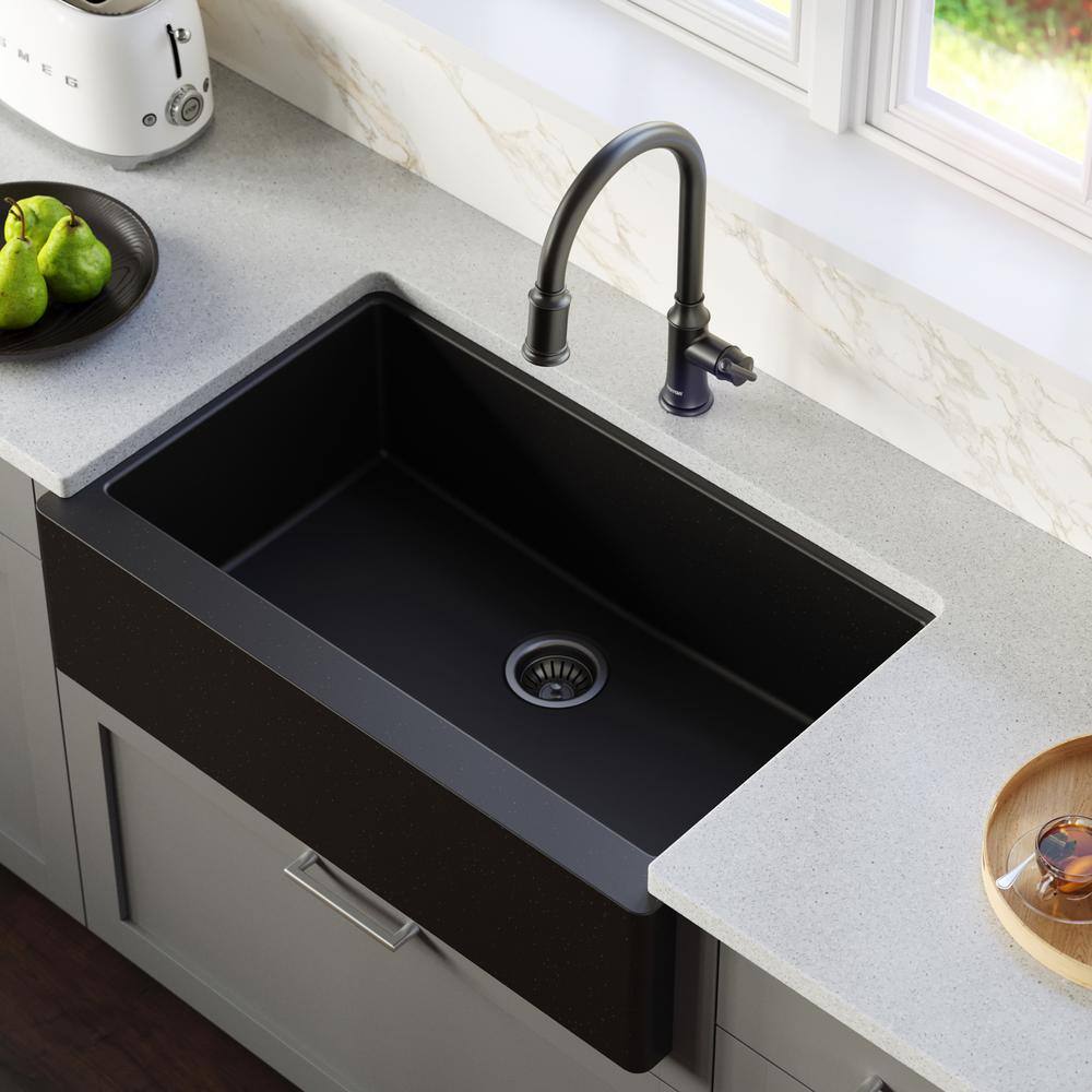 Karran FarmhouseApron-Front Quartz Composite 34 in. Single Bowl Kitchen Sink in Black QA-740-BL