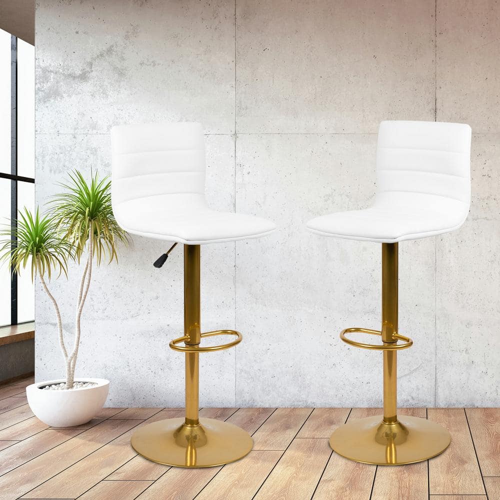 Flash Furniture Modern White Vinyl Adjustable Mid back Metal Bar Stool, Counter Height Swivel Stool with Gold Pedestal Base, Set of 2 863-2-CH-92023-1-WH-G-GG