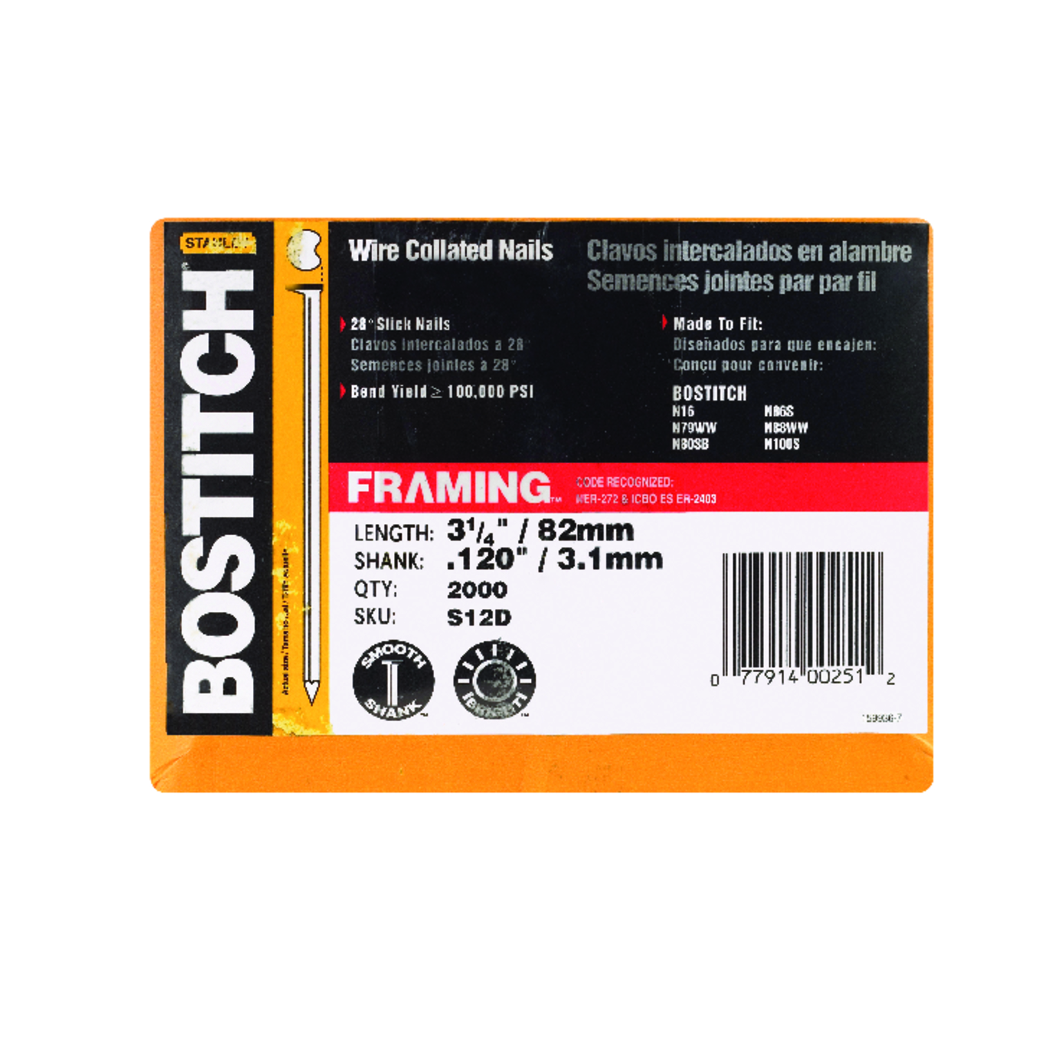 Bostitch 3-1/4 in. Angled Strip Coated Stick Nails 28 deg 2000 pk