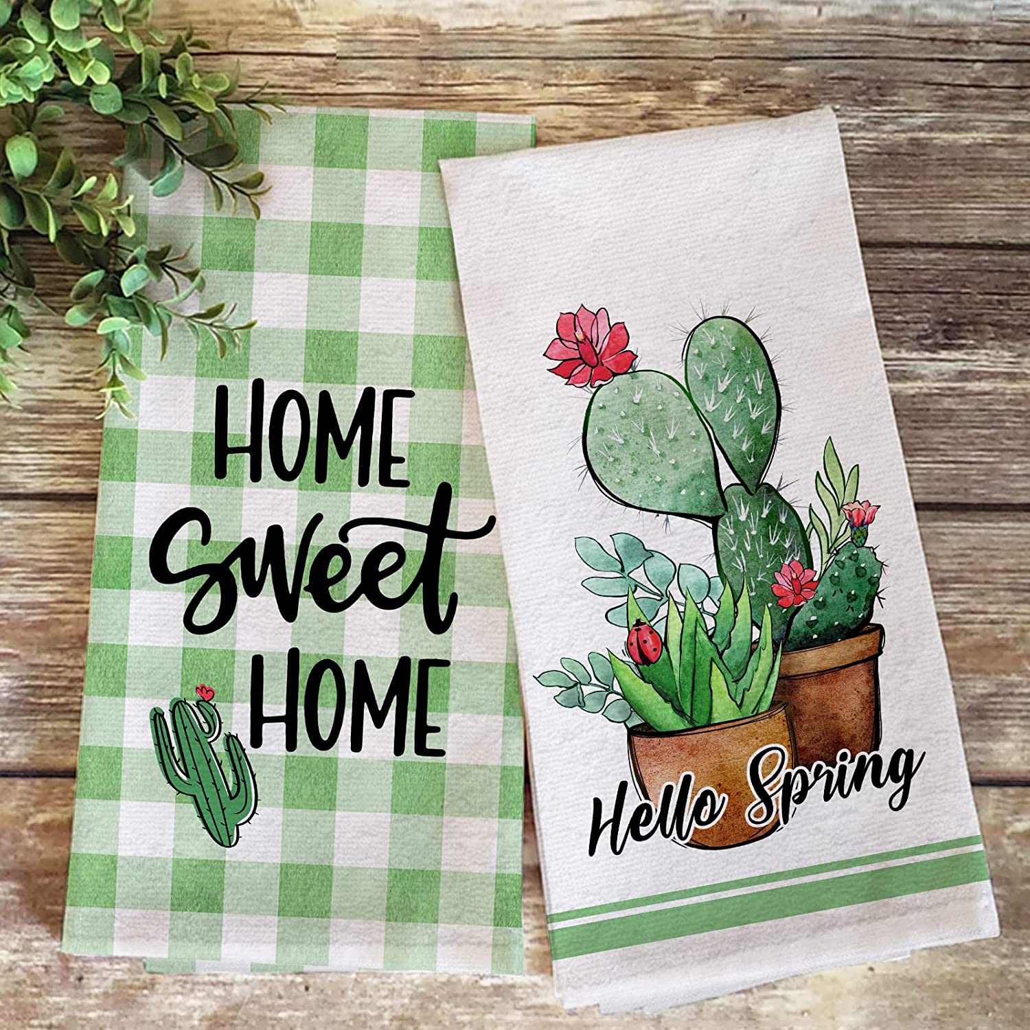 JOOCAR Kitchen Towels， Spring Green Plants Cactus Hello Spring 16x27.5 Inches Kitchen Towels for Kitchen Decor Housewarming Gift Towels Set of 2