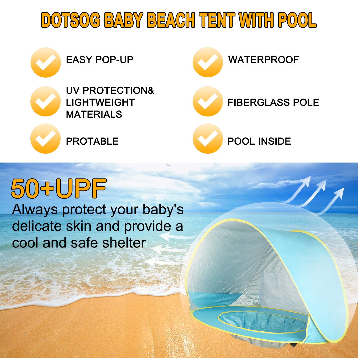 DOTSOG Baby Beach Tent Pop Up Portable Shade Pool UPF 50+ Protection Sun Shelter Beach Umbrella for Infant Beach Camping Fishing Hiking Blue