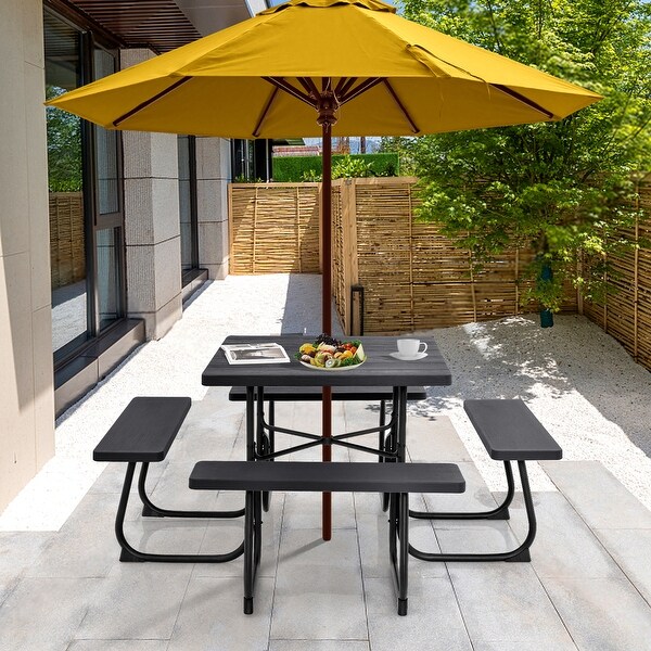 Outdoor Picnic Table with 4 Benches and Umbrella Hole