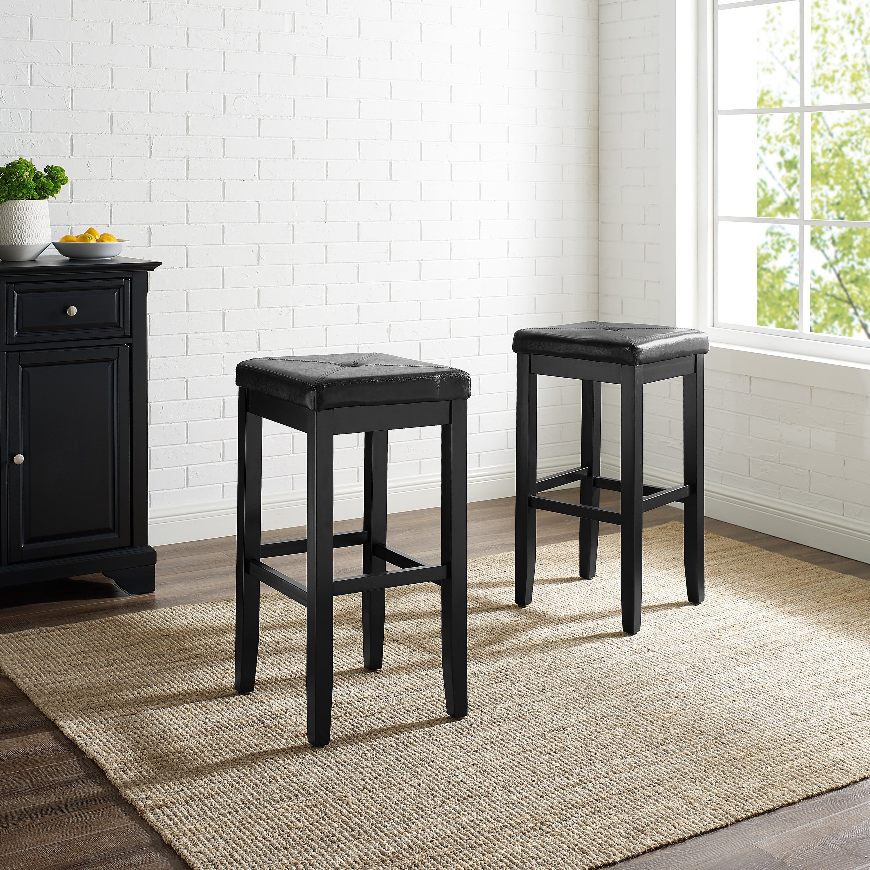 Upholstered Black-finish Square-seat Bar Stool (Set of 2) - 14.75 