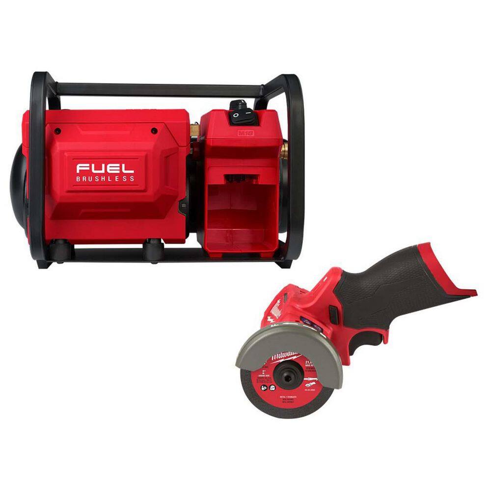 MW M18 FUEL Brushless Cordless 2 Gal. Electric Compact Quiet Air Compressor wM12 FUEL Brushless Cordless 3 in. Cut Off Saw 2840-20-2522-20