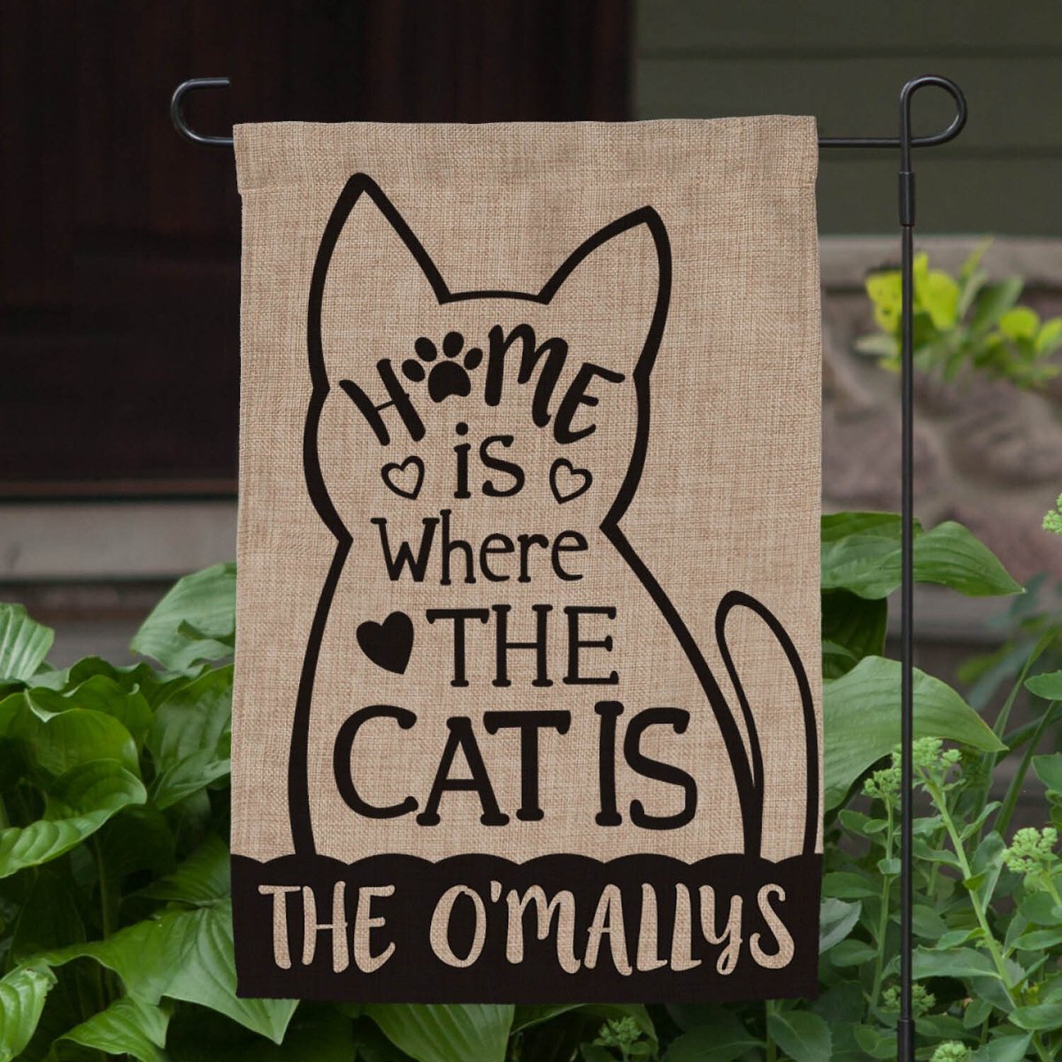 Custom Personalization Solutions Home Is Where The Cat Is Personalized Burlap Flag